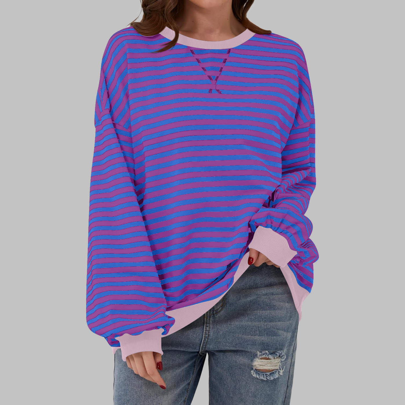 Novara™ | Casual Long Sleeve Round Neck Striped Sweatshirt