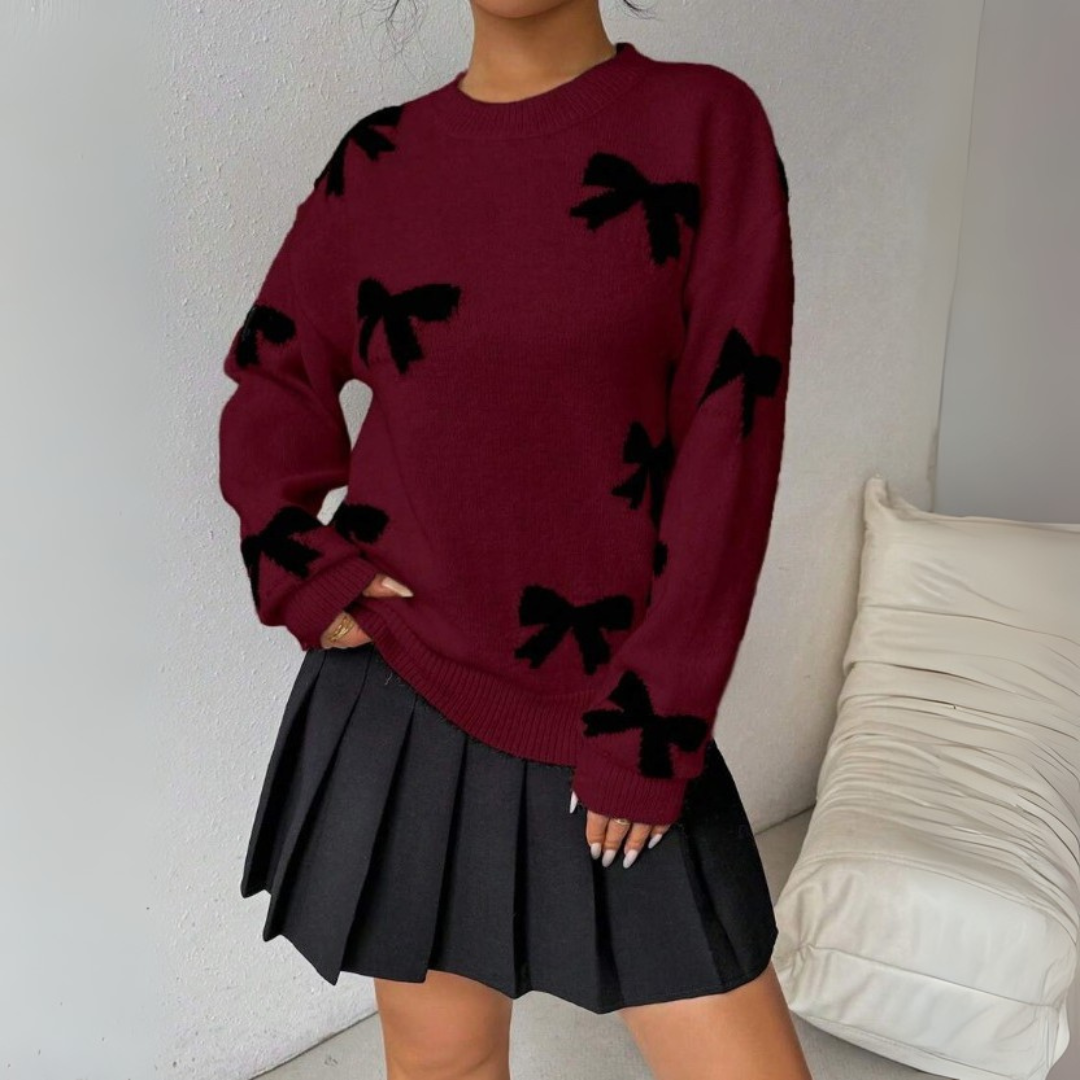 Novara™ | Comfy Bow Print Pullover Sweater
