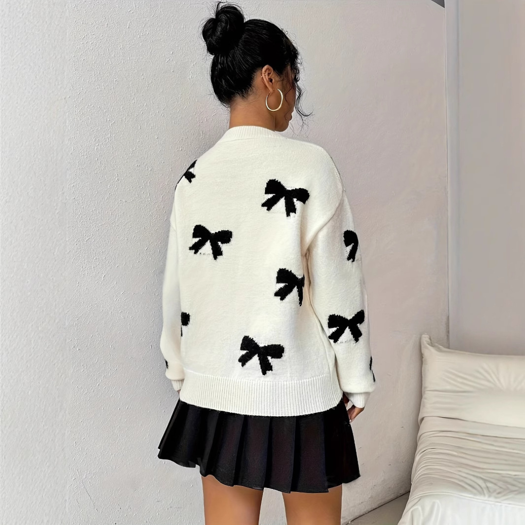 Novara™ | Comfy Bow Print Pullover Sweater