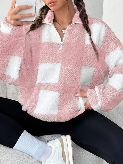 Novara™ | Chic Plaid Print Half Zip Long Sleeve Sweater