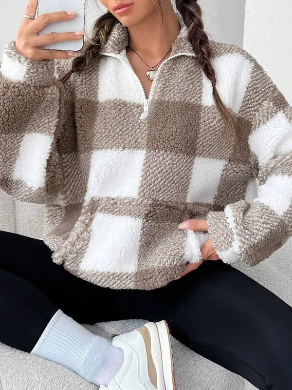 Novara™ | Chic Plaid Print Half Zip Long Sleeve Sweater