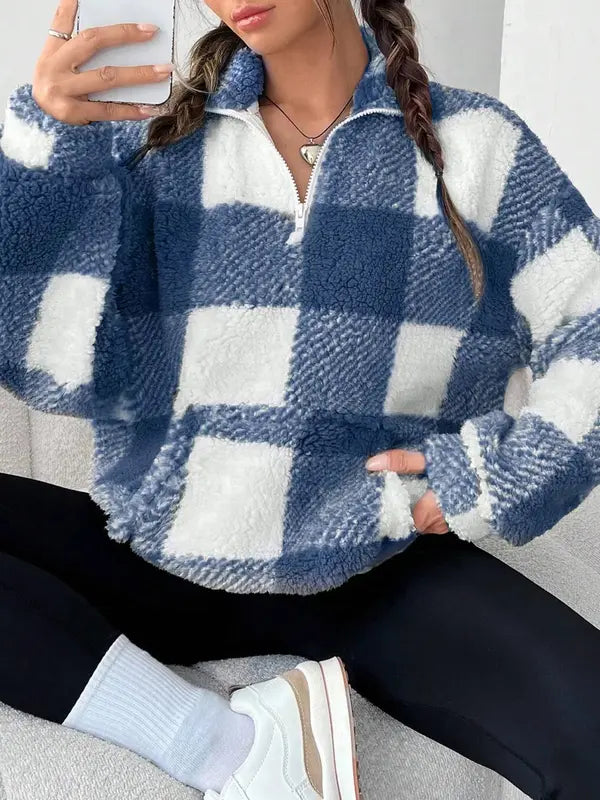 Novara™ | Chic Plaid Print Half Zip Long Sleeve Sweater